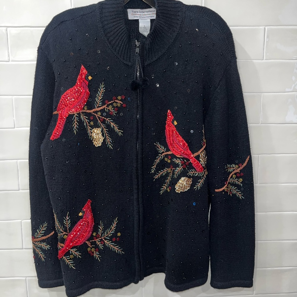 Vintage Christmas Sweater Cardinals Kitschy Embellished Sequins Sz L